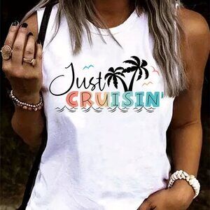 Letter & Coconut Tree Print Tank Top, Casual Crew Neck Sleeveless Tank T…